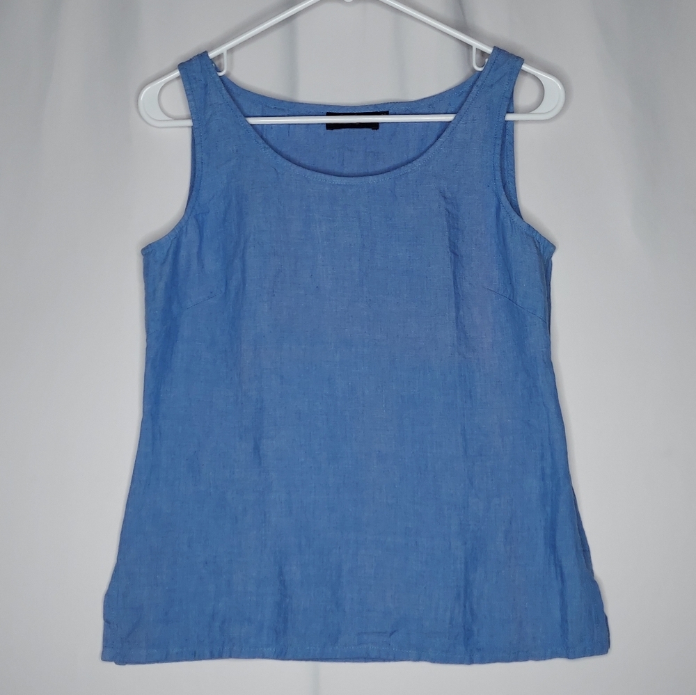 Luisa Spagnoli Linen Sleeveless Top Womens Small Blue Fitted Scoop Neck Side Zip